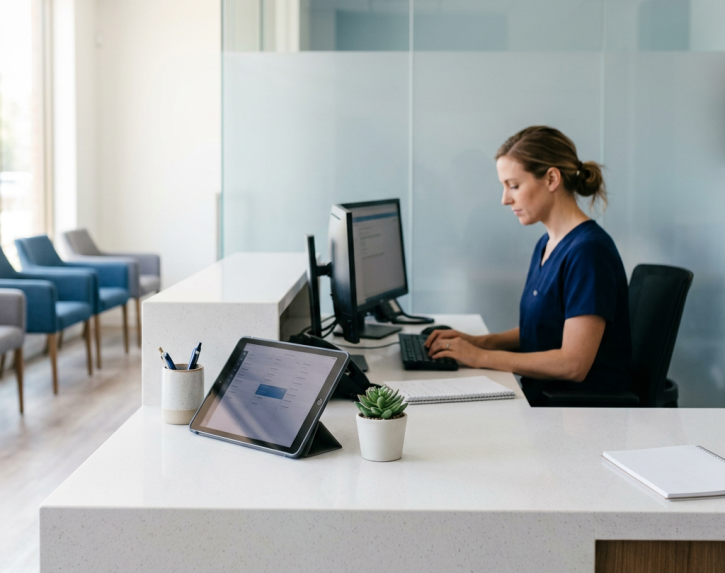 Secrétaire médicale à son poste de travail dans un cabinet médical moderne, avec une tablette numérique au premier plan illustrant la prise de rendez-vous par IA vocale